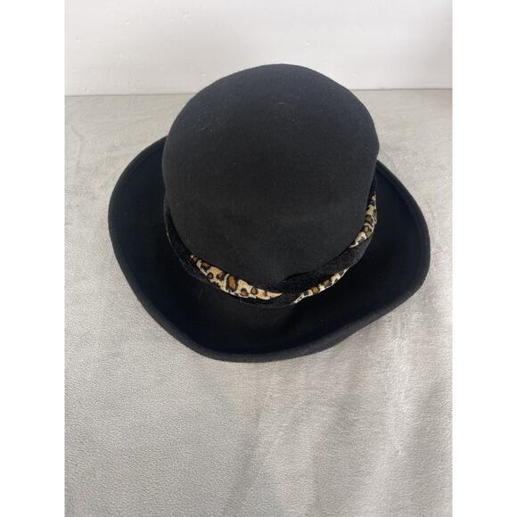 Womens Black 100% Wool Fedora Cheetah Print Trim Classic Classy Winter Outdoor - Picture 5 of 9